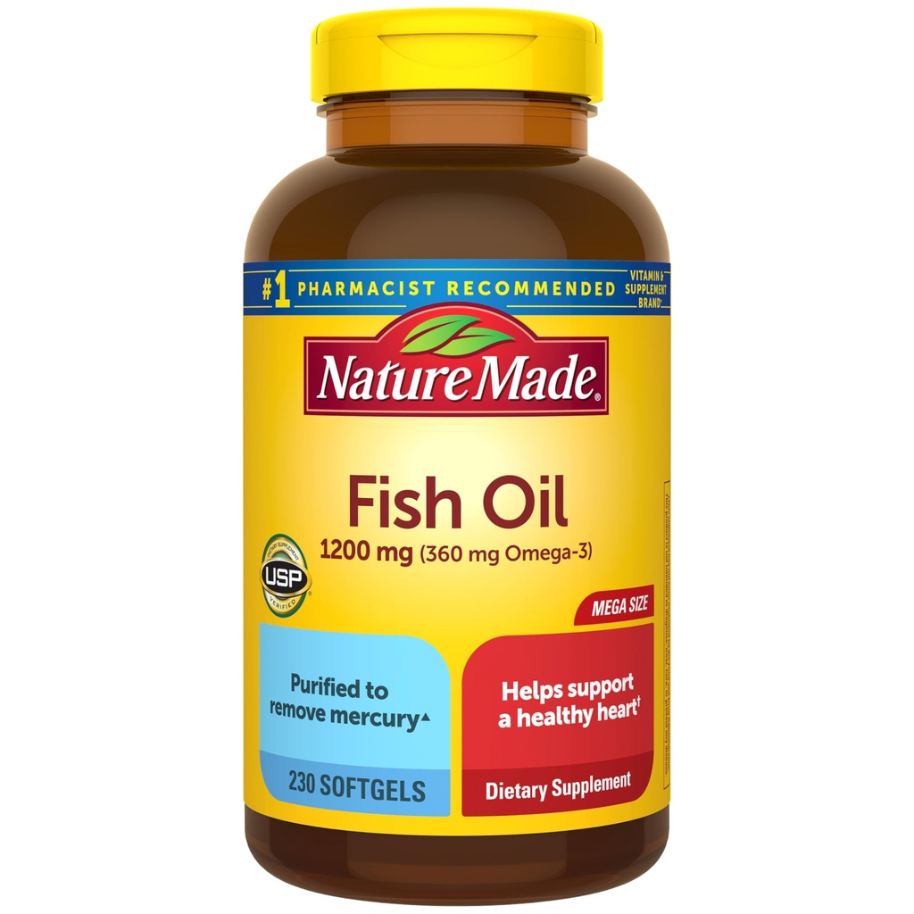 Nature Made Fish Oil Omega 3 Supplements, 1200 mg Softgels, Omega 3 Fischöl für gesunde Herzunterstützung, 230 Softgels, 115 Tage Versorgung