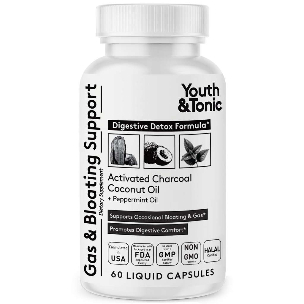 Jugend & Tonic aktivierte Charcoal Pillen für Bloating und Gas Relief zu beruhigen Das Stomach und Verdauungssystem Detox mit Pfefferminz & Organische Kokosöl, für Männer & Frauen - 60 flüssige Kapseln