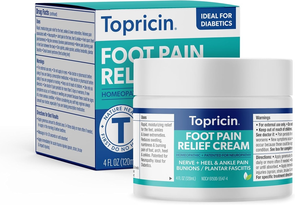 Topricin Fuß Schmerzlinderung Creme - Natürliche und Odor-freie Feuchtigkeitscreme, 4 Unzen - Jar
