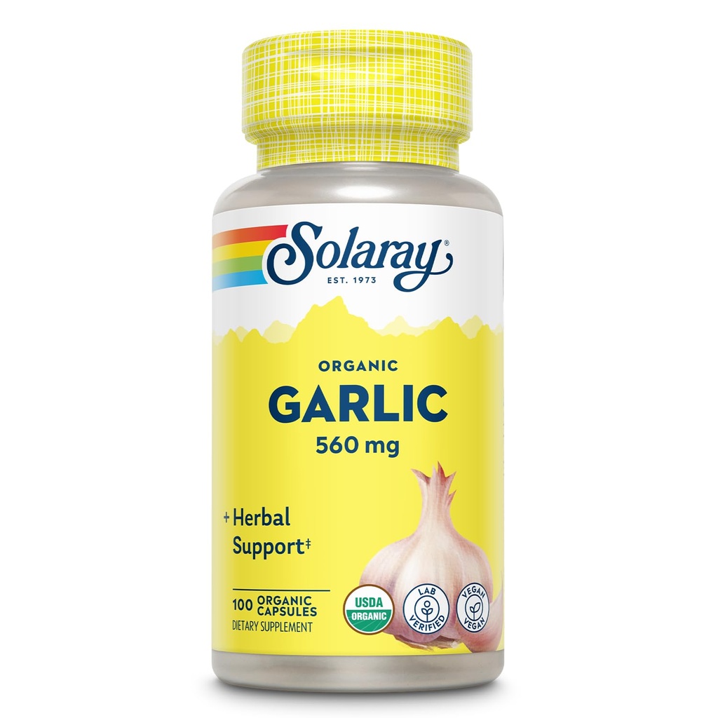 Solaray Bio Knoblauch Pillen - 560 mg Knoblauch Ergänzungen für Herz-Gesundheit Unterstützung - USDA Bio Knoblauch Kapseln - Vegan - 60-Tage Geld-Back-Garantie - 100 Servierungen, 100 VegCaps