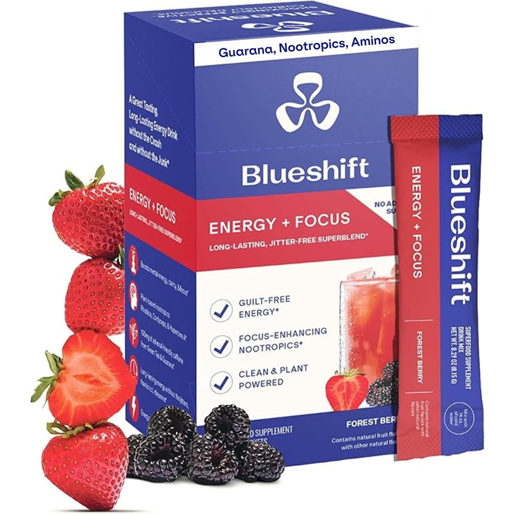 Blueshift Energy + Focus - Less- Sweet Super Clean Plant-Based Energy Drink felnőtteknek, Guarana, Green Tea, Rhodiola, koffein, B Vitamins for Clarity & Focus, No Sugar - Powder Sticks (10 csomag)