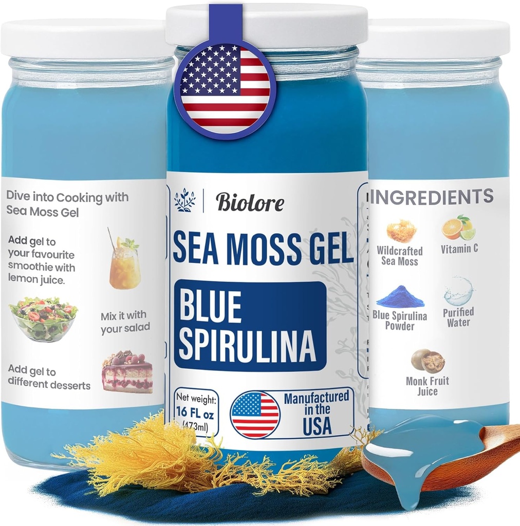 Biolore Wildcrafted Sea Moss Gel - Blau Spirulina 16 Unze - Flavored Sea Moss Gel mit essentiellen Vitaminen & Trace Minerals - Vegan Superfood - Made in USA, Gluten-Free, No Added Sugar