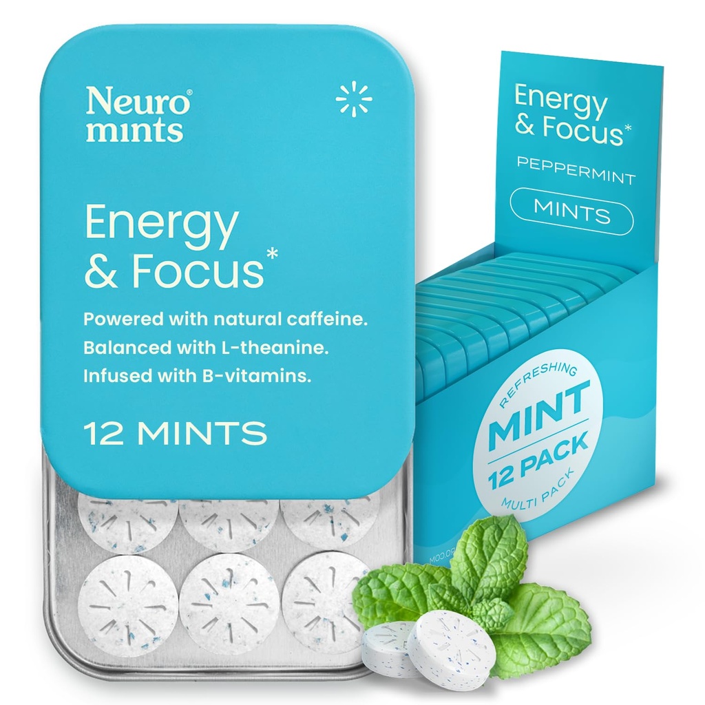 NeuroGum Energie Koffein Minze (144 Stück) - Zuckerfrei mit L-Theanin + Natürliches Koffein + Vitamin B12 & B6 - Nootropic Energy & Focus Supplement für Damen & Herren - Keto & Vegan, Pfefferminz Flavor