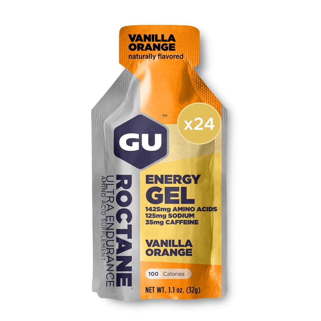 GU Energy Roctane Ultra Endurance Energy Gel, Vegan, Glutenfrei, Kosher und Dairy-Free On-The-Go Sporternährung für Laufen, Radfahren, Wandern oder Skifahren, Vanilla Orange (24 Pakete)