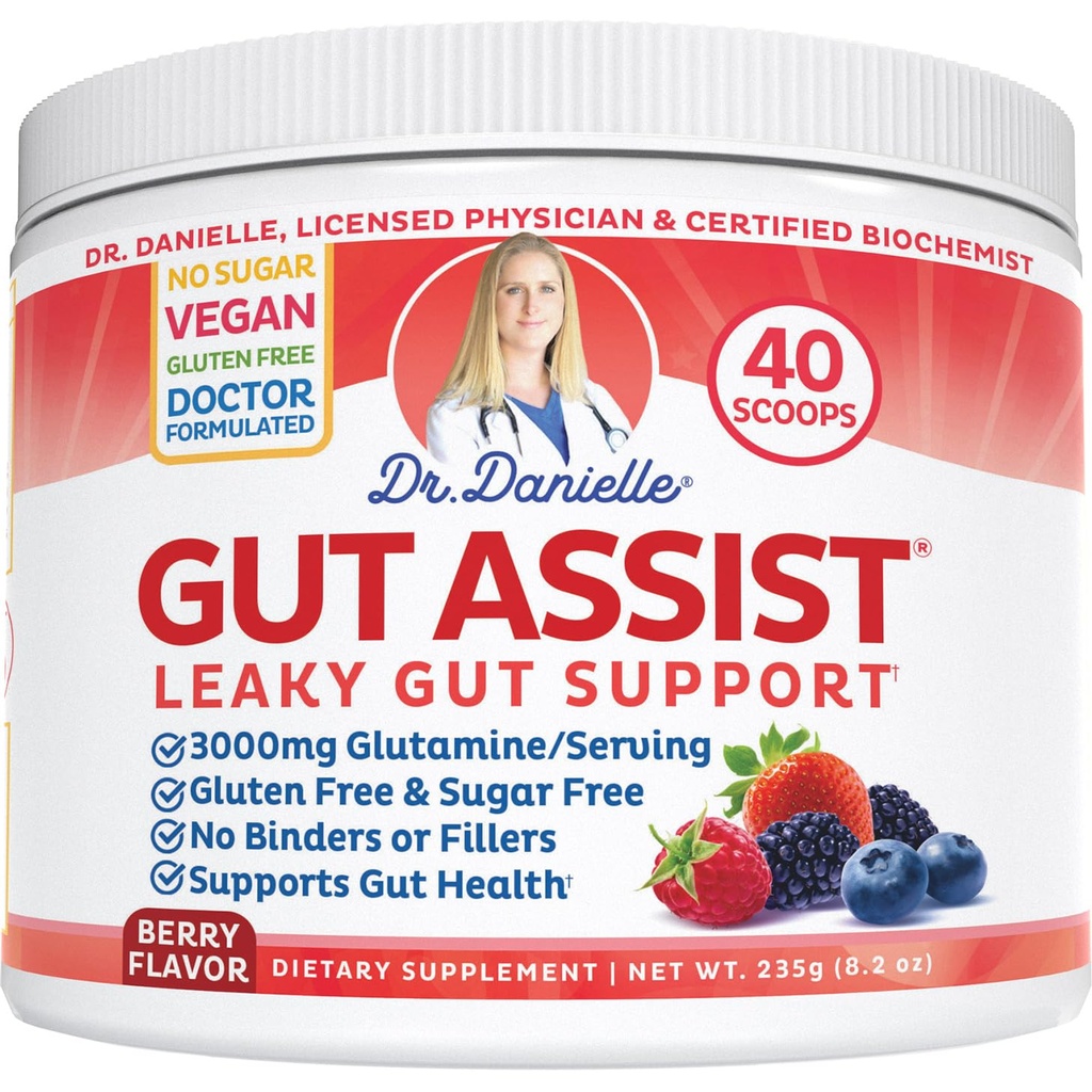Dr. Danielle Gut Assist - Leaky Gut Repair Supplement Powder - Glutamin, Arabinogalactan, Licorice Root - unterstützt IBS, Sodbrennen, Bloating, Gas, Constipation, SIBO von, Berry Flavor
