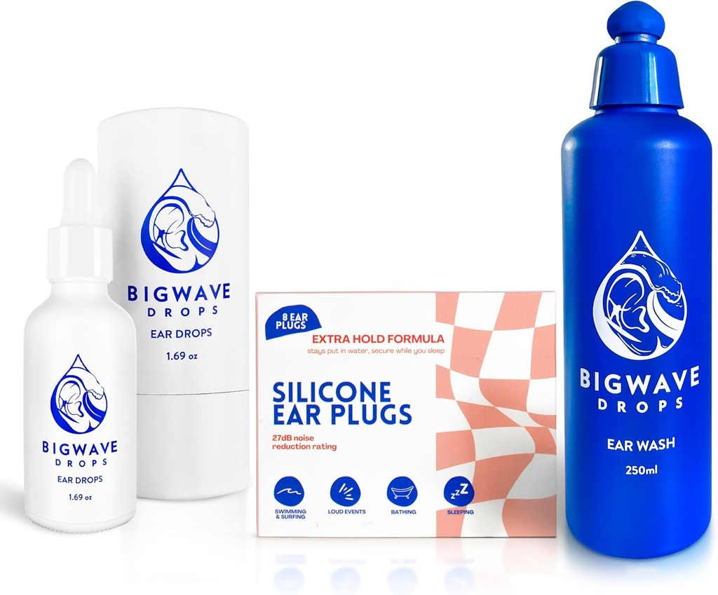 Ear Care Bundle - Inklusive Ear Drops, Ear Wash & Silikon Ohrstecker - für Schwimmer, Athleten, Divers, Reisende - Ohrpflege Produkte für Männer, Frauen, Kinder & Erwachsene - Bestes Swimmer-Geschenk