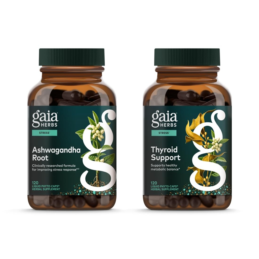 Gaia Herbs Ashwagandha Root - Made with Organic Ashwagandha Root - 120 Vegan Liquid Phyto- Capsules & Thyroid Support - Support Healthy Metabolic Balance and Complete Well- 120 Vegan Liquid Phyto