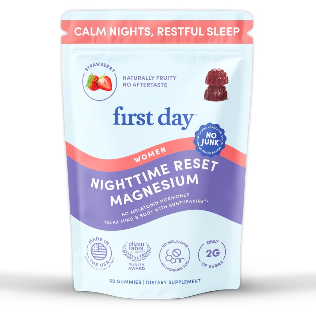 FIRST DAY Women’s Nighttime Reset Calming Magnesium Gummies – Schlafhilfe unterstützt friedliche Erholung, Balanced Mood & Energy – Ergänzung mit Magnesium Citrate, L-Theanin & No Melatonin – 30-Tage Versorgung