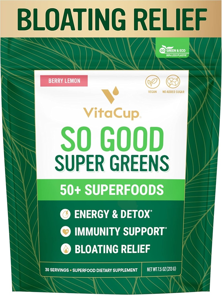 VitaCup So gut Super Greens Powder w/ 50+ Premium Superfoods, Boost Energy, Detox, Immunität w/Probiotics, Prebiotics, Fiber, Antioxidantien, Adaptogene, Spirulina, Berry Lemon,30 Servierungen