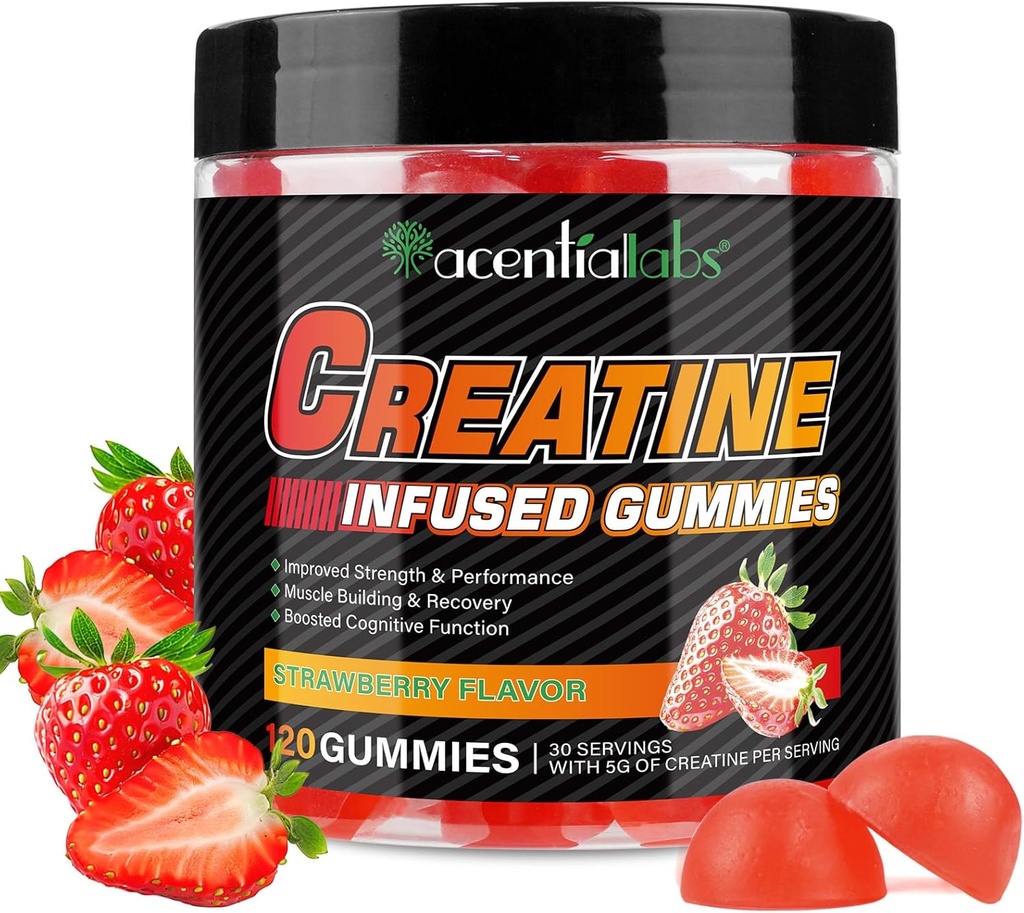 Kreatin Monohydrat-Gummi 5000mg für Männer & Frauen, Kreatin Monohydrat, L-Taurin, Vitamin B12 für Muskelwachstum, Stärke, Fokus, Energie & Gesundheit, Zuckerfrei, Vegan, Erdbeer-Flamvor, 120 Count