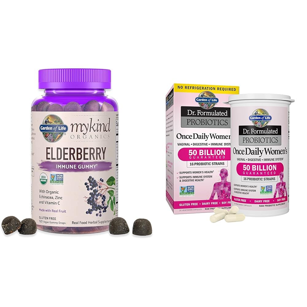 Garten des Lebens Organics Elderberry Gummies für Erwachsene & Kinder - Immununterstützungsergänzung mit Bio-Frucht &, Dr. Formulierte Frauen Probiotika Einmal täglich, 16 Strains, 50 Billion, 30 Kapseln