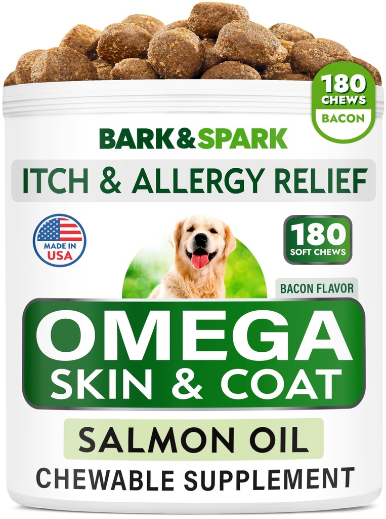 Omega 3 für Hunde und Katzen - 180 Fish Oil Treats for Dog Shedding, Skin Allergy, Itch Relief, Hot Spots Behandlung - Joint Health - Skin and Coat Supplement - EPA & DHA Fettsäuren - Lachsöl - Bacon