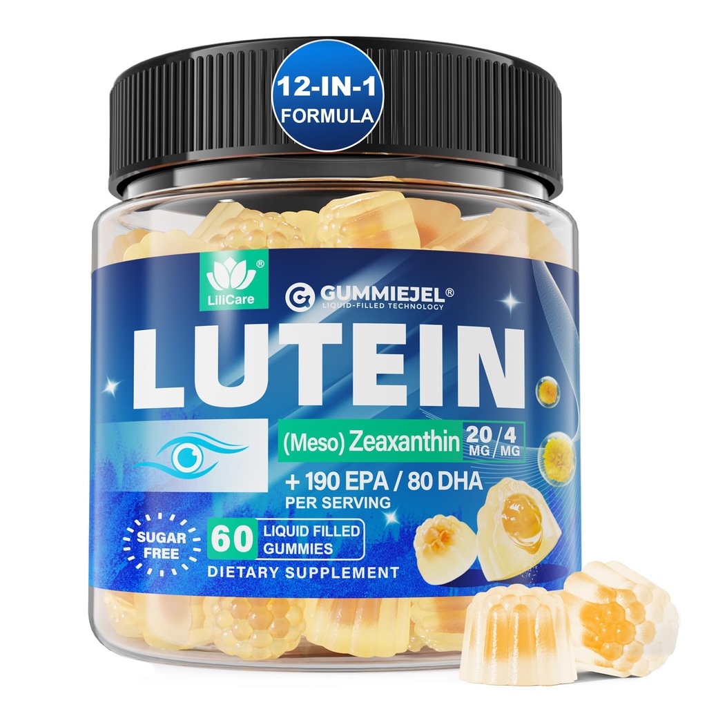 Lutein 20mg 40mg und Zeaxanthin Ergänzungen für Augen, Lutein Gummies mit Omega 3, Saffron, Zink, Bilberry & Goji Berry für Vision Unterstützung - Augen Vitamine Gummi für Senioren - Vegan, Sugar Free, 60ct