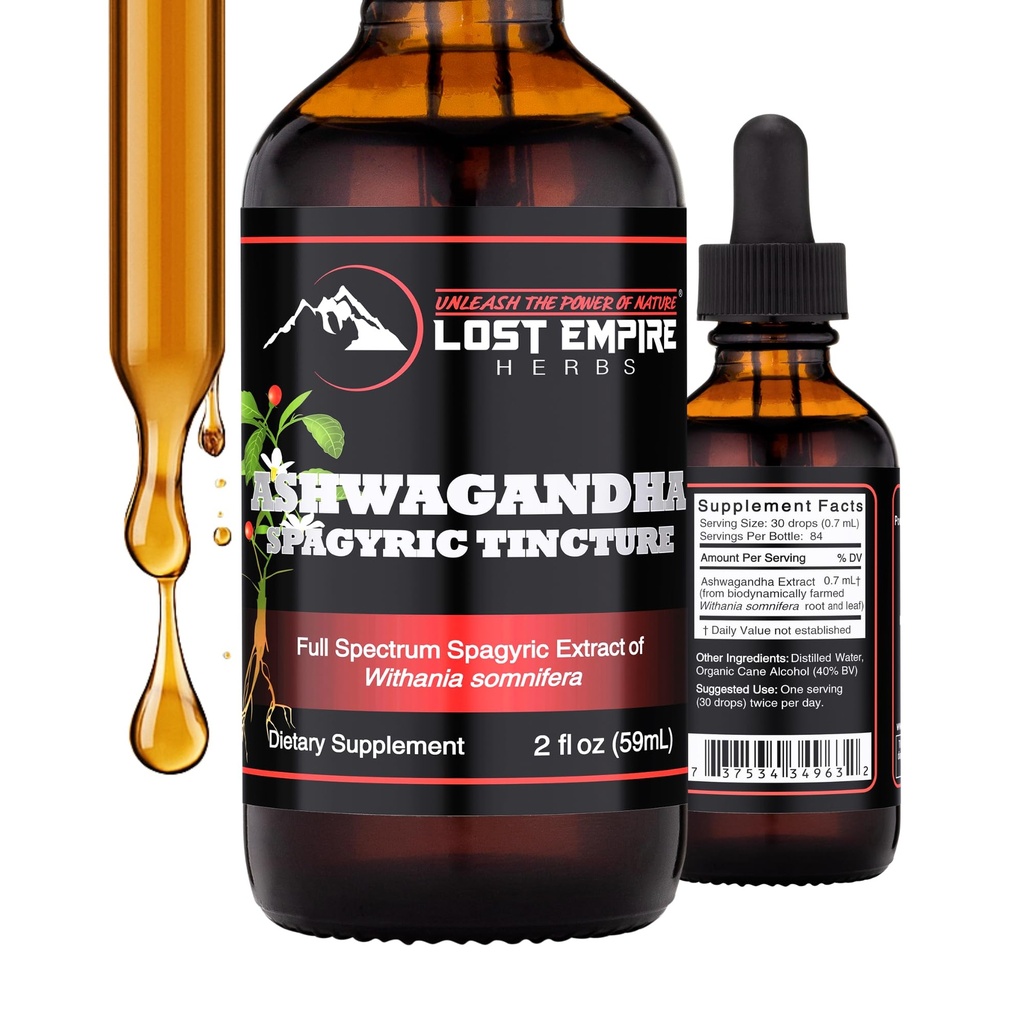 Lost Empire Herbs Ashwagandha Spagyric Tincture - Liquid Drops Root Extract for Men, Women, Sleep, Cortisol - Best Ashwagandha Supplement USA Grown Organic (2 fl oz)