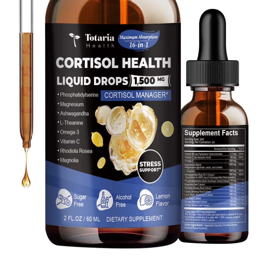Totaria cortisol Ergänzung flüssige Tropfen Hormon Balance für Frauen Männer mit Magnesium Complex,Ashwagandha,Rhodiola Rosea,L Theanin, Phosphatidylserine ergänzt Mood, Fokus, Schlafunterstützung 2 FL.OZ