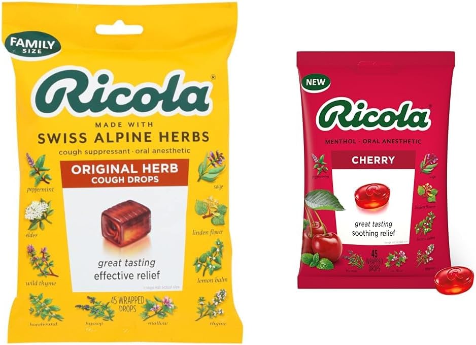 Ricola Original Natürliche Kräuter Husten unterdrückende Throat Tropfen, 45 Tropfen, Kämpfe Husten Natürlich, Beruhigt Throats, Natürlich beruhigende Relief & Kirsche Throat Tropfen, 45 Zähler