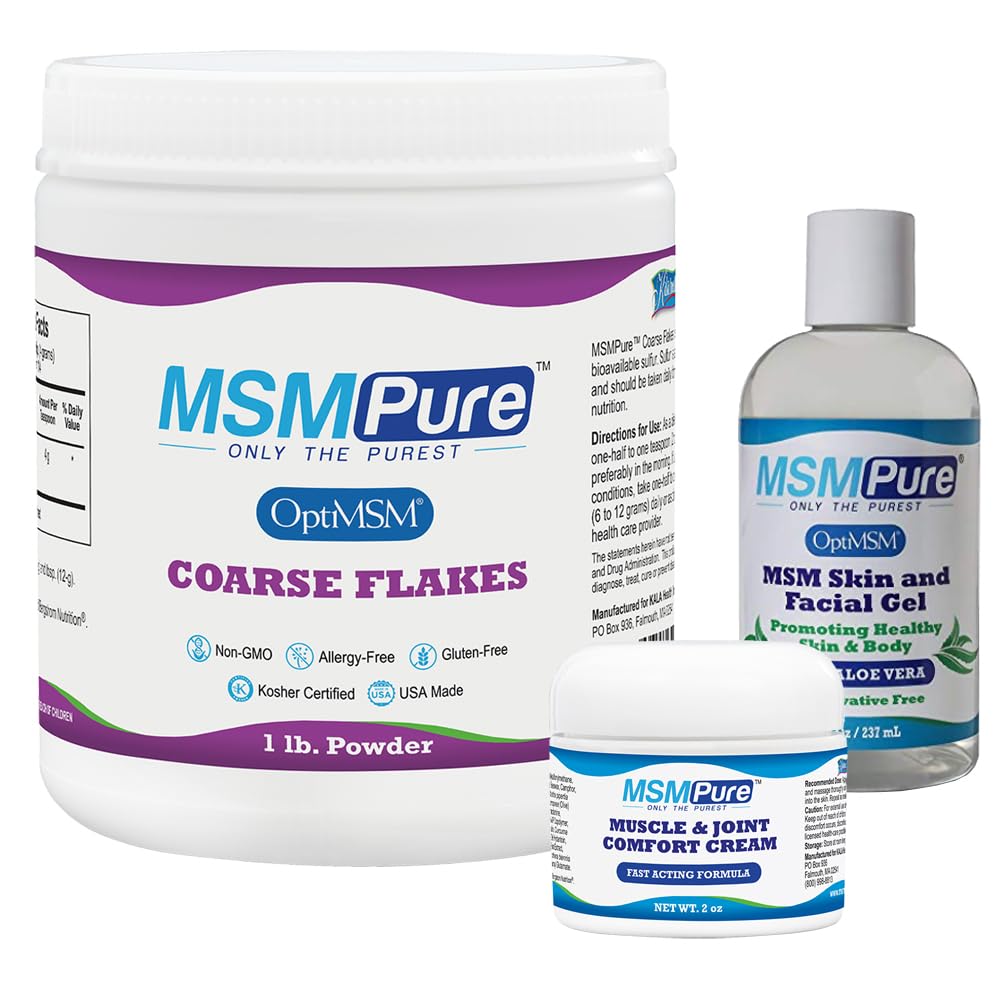 KALA EGÉSZSÉGÜGYI MOMPUR Starter Bundle MSM Durva Flakes 1lb, MSM Muscle & Joint Cream 2oz és MSM Gel szerves aloe 8oz