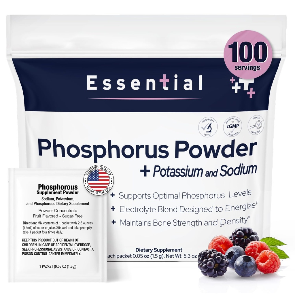 Phosphor-Ergänzungen 100 Packungen, Nahrungsergänzungsmittel Pulver mit Natriumphosphat und Kaliumphosphat, fruchtbetontes Phosphor-Ergänzungspulver für Elektrolyt, Knochengesundheit und Nierengesundheit