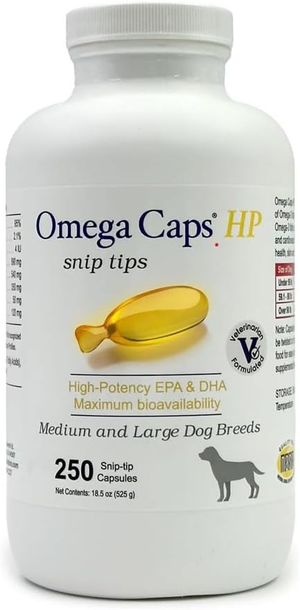 Omega Caps HP Snip Tipps für mittlere und große Hunde hohe Potenz EPA und DHA maximale Bioverfügbarkeit Fischöl Ergänzung Vet Formuliert Made in USA Skin Coat Joint and Heart Health 250 Kapseln