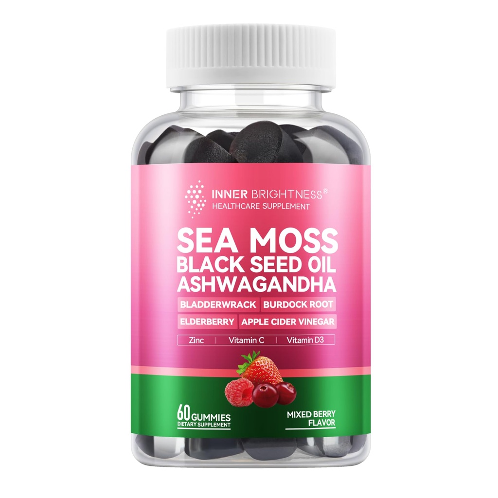 Sea Moss 4000mg Gumies with Ashwagandha, Elderberry, Apple Cider Vinegar, Bladderwrack, Burdock Root - Immuntámogatás - Vegyes Berry Flavor - 60 gróf