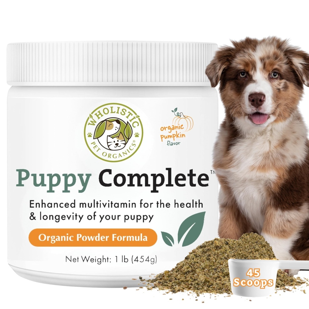 Organic Puppy Vitamins with Organic Pumpkin Protein | 1 Lb | 45 Scoops | Daily Dog Multivitamin with Prebiotics, Probiotics for Immune Support, Skin Coat, Digestion, Joint Health | Puppy Complete