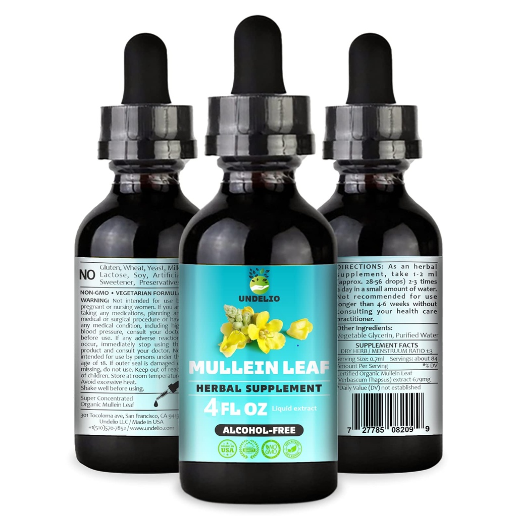 Undelio's Kräuter-Müllein-Blatt-Extrakt - Organische & Alkoholfreie Tinte für Atmung, Lunge, Schlaf & Verdauungsunterstützung - Non-GMO, Vegan - 4 fl. Oz für Immungesundheit & Lung Detox