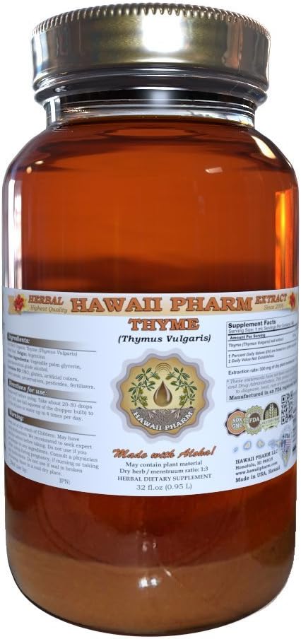 Thyme Liquid Extract, Organic Thyme (Thymus Vulgaris) Tinktúra, Herbal Supplement, Hawaii Pharm, Made in USA, 32 fl.oz