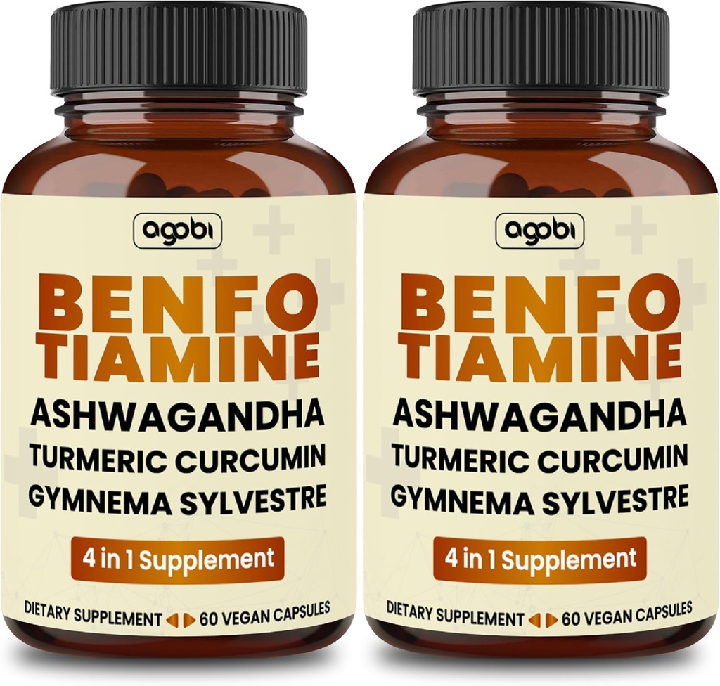 Benfotiamin 600mg Supplement - 2 Monate für Verdauungssystem, Energieproduktion & Immune - Blended Turmeric Curcumin Root, Ashwagandha Root & Organic Gymnema Sylvestre - 2 Packungen mit 60 Kapseln