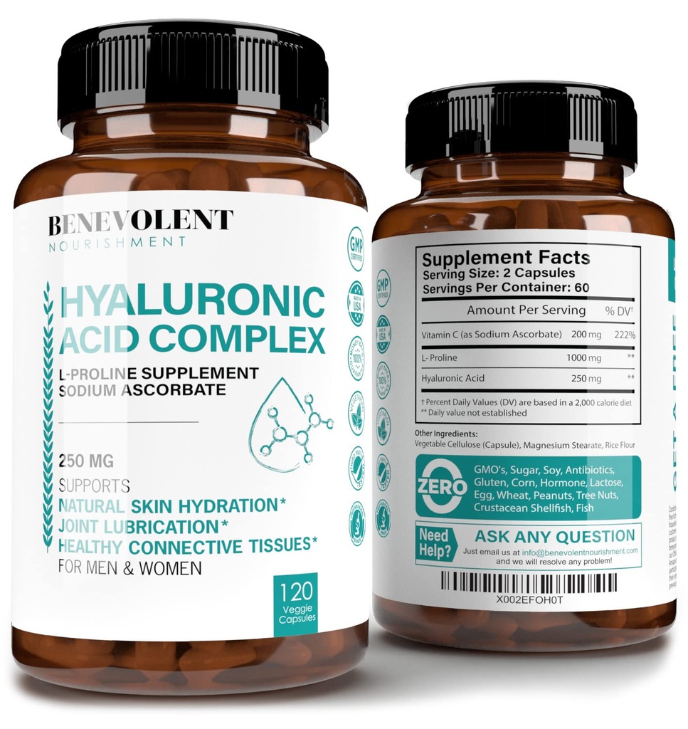 Hyaluronsäure ergänzt 250mg mit 200mg Vitamin C, 1000mg L-Proline & Anti-Aging Vorteile, Hyaluronsäure Kapseln für jugendliche Haut, Gelenke & Connective Tissue Health - 120 Kapseln