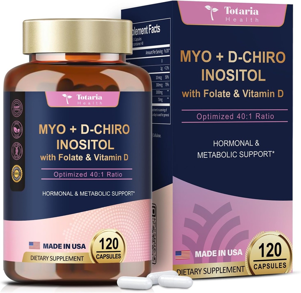 Totaria Inositol Beilage für Frauen mit Vitamin D3, Folat, 40:1 Ratio Myo-Inositol 3000mg & D-Chiro Inositol 75mg Komplex, Vitamin B8 Inositol Beilage für Frauen Haar, Nagel, Hautgesundheit