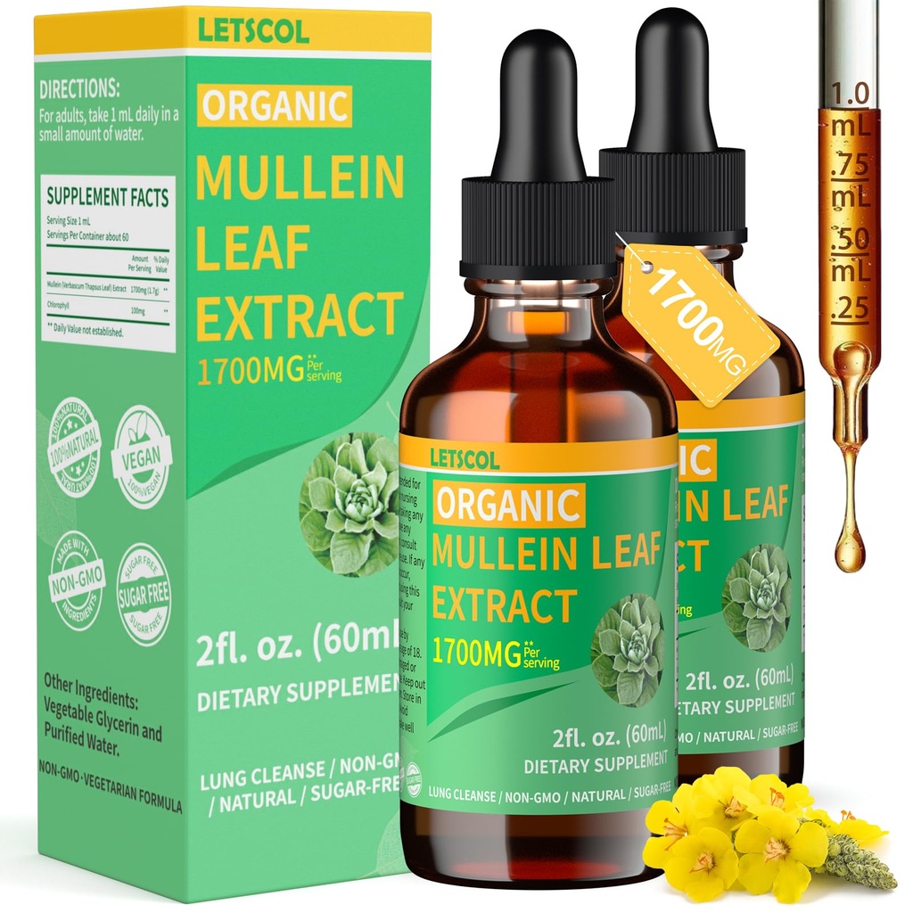 Bio Mullein Tropfen für Lung Cleanse, Leistungsstarke 1700mg Mullein Blatt Extrakt für Immun- und Respiratorische Unterstützung, natürliche Mullein-Ergänzung Tinktur Tropfen Non-GMO & Vegan, 2 Fl Oz