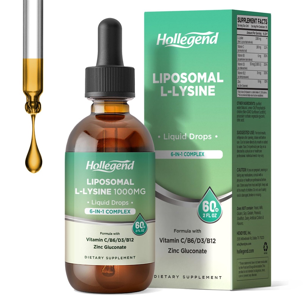 Liposomal L-Lysin 1000MG Flüssige Tropfen, Lysin Ergänzung für Frauen & Kinder mit Vitamin C, B6, D3, B12 & Zink Gluconate, Haut & Lip Gesundheit, Immun & Collagen Produktionsunterstützung, Zitronengeschmack, 2 fl oz