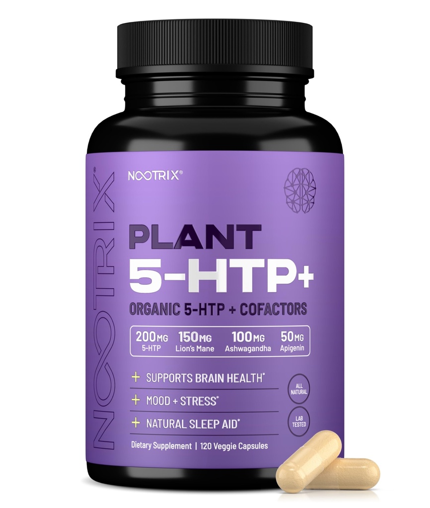 Nootrix Bio-Pflanze 5 HTP+ Ergänzung | Unterstützt Gedächtnis, Mental Fokus, Kognitive Gesundheit & Energie | Fördert gesunde Stimmung & Gehirn Funktion | Vitamin B6 & L Theanine | 120 Kapseln