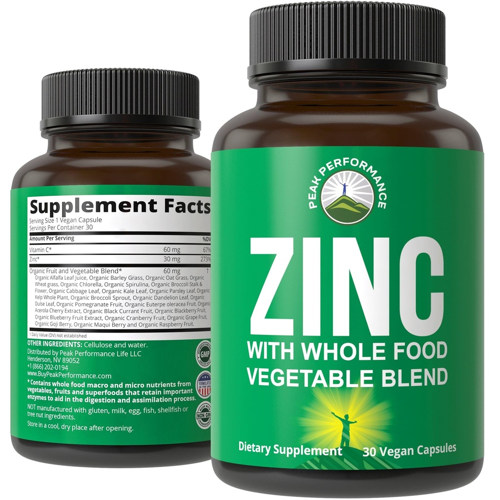 Vegane Zink-Ergänzung mit Vitamin C + Ganze Nahrungsmischung von 25 Gemüse und Früchte für die maximale Absorption. Zink Ergänzungen 30mg Kapseln, Pillen, Tabletten, Vitamine für Erwachsene Sowohl Männer als auch Frauen