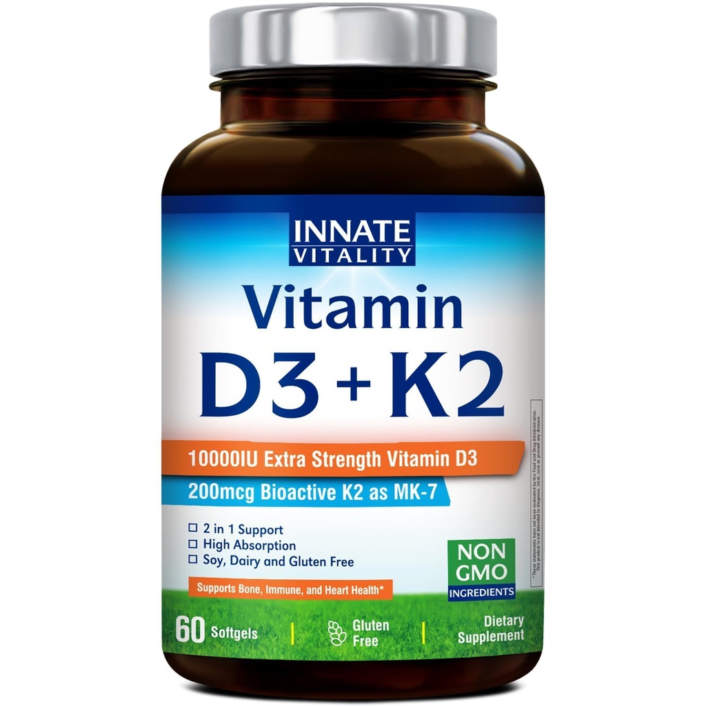 Innate Vitality Vitamin D3 K2 Supplement, hohe Potenz Vitamin D3 10000 IU & Vitamin K2 (MK-7) 200 mcg, unterstützt Knochen, Zähne, Herz- und Immungesundheit, Non-GMO, Glutenfrei, 60 Softgels