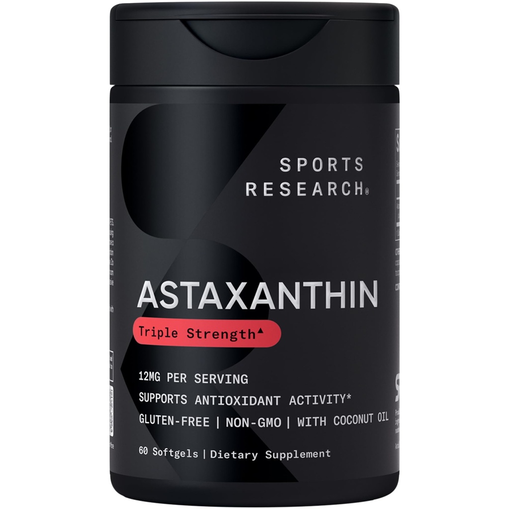 Sport Research ® Triple Strength Astaxantin 12mg w / Organic Coconut Oil - Antioxidáns kiegészítés bőr és szem egészségügyi támogatás * - Soy Free · Non-GMO · Gluten Free - 60 Softgels