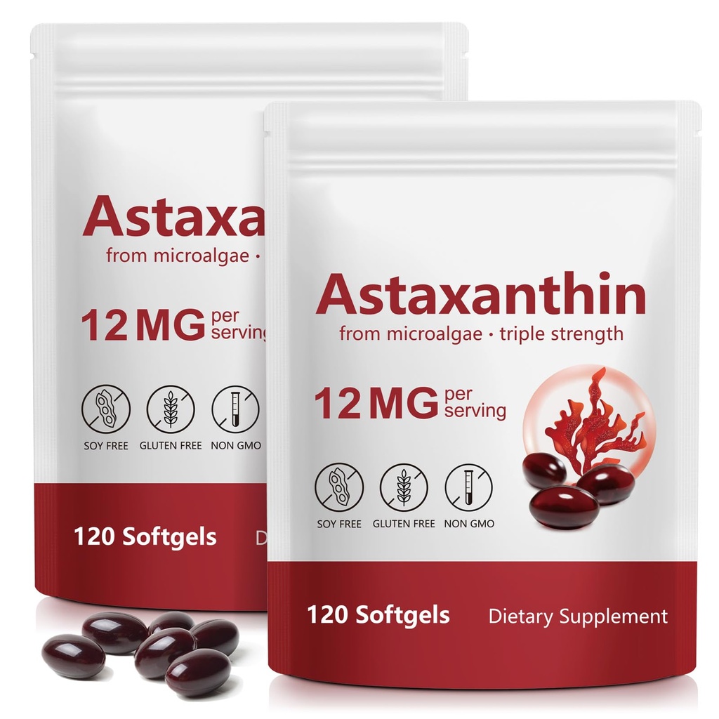 Xaarty 2Pack Premium Astaxanthin 12mg, Natürliche Antioxidante Ergänzung für Augen, Gelenk, Hautgesundheit, Mikroalgenquelle, 4 Monate Versorgung | Unterstützt innere Zirkulation, 240 Softgels