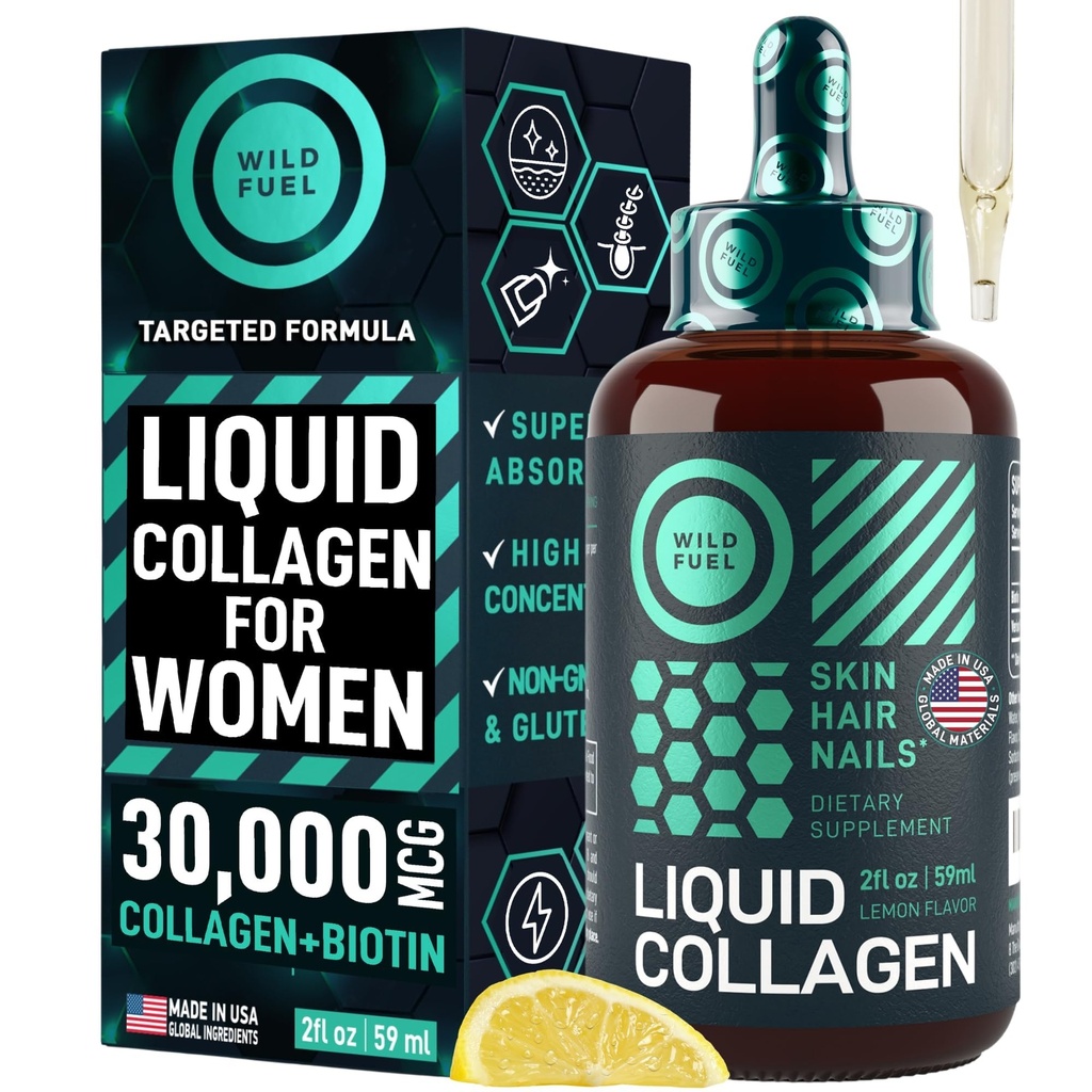 Liquid Collagen for Women and Men - 30,000mcg Hydrolyzed Collagen Peptides Liquid with Biotin Vitamins for Hair, Skin, Nails & Anti-Aging - Lemon Liquid Drops, 2oz, up to 2-Month Supply, Made in USA