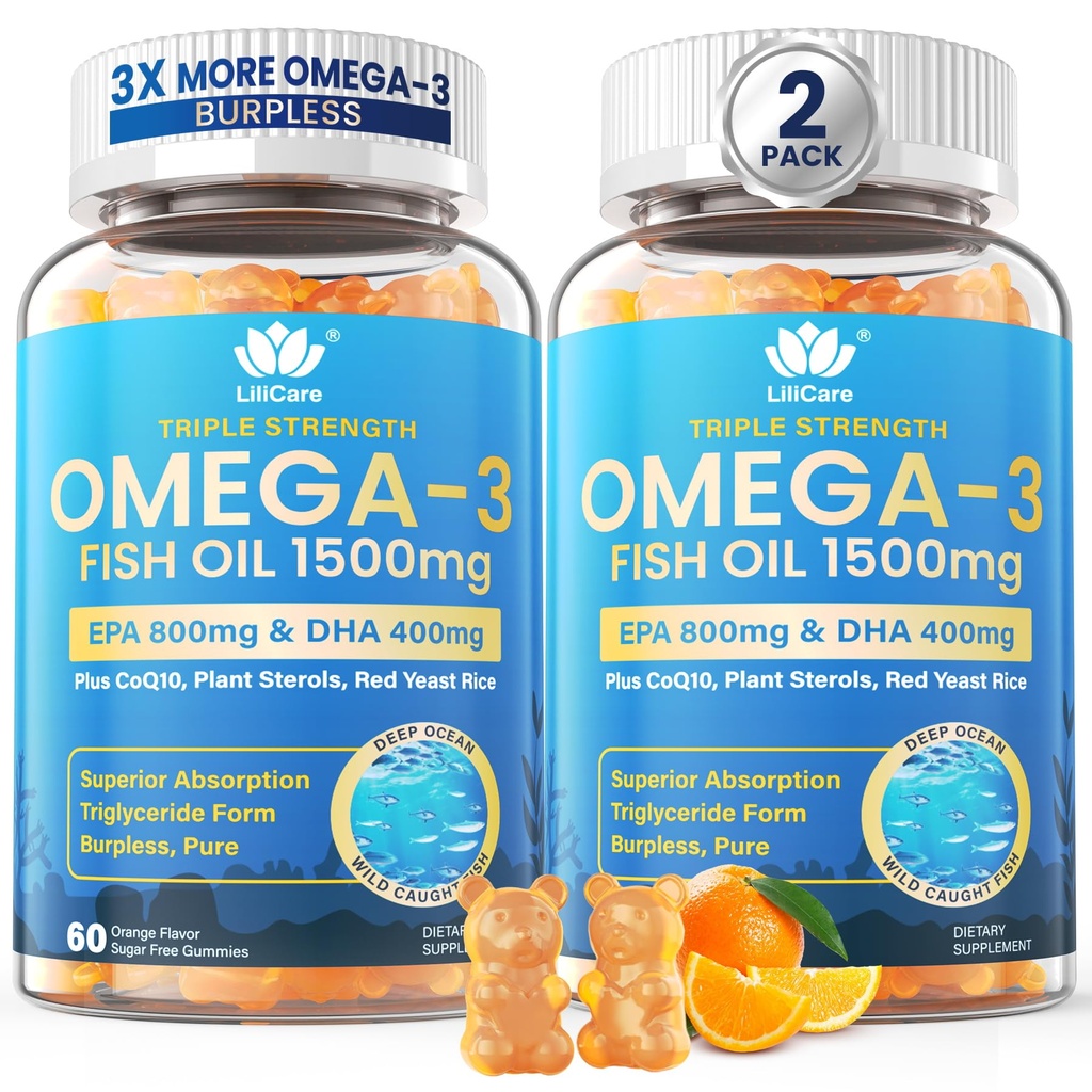 Fish Oil Omega 3 Gummie 1500mg für Erwachsene - Dreifache Stärke mit EPA & DHA, COQ10, Rote Hefe-Reis - Wild Caught Omega 3 Fettsäuren Ergänzungen für Hḙar-t & Brain - Zuckerfrei, Burpless, 120 Zähler