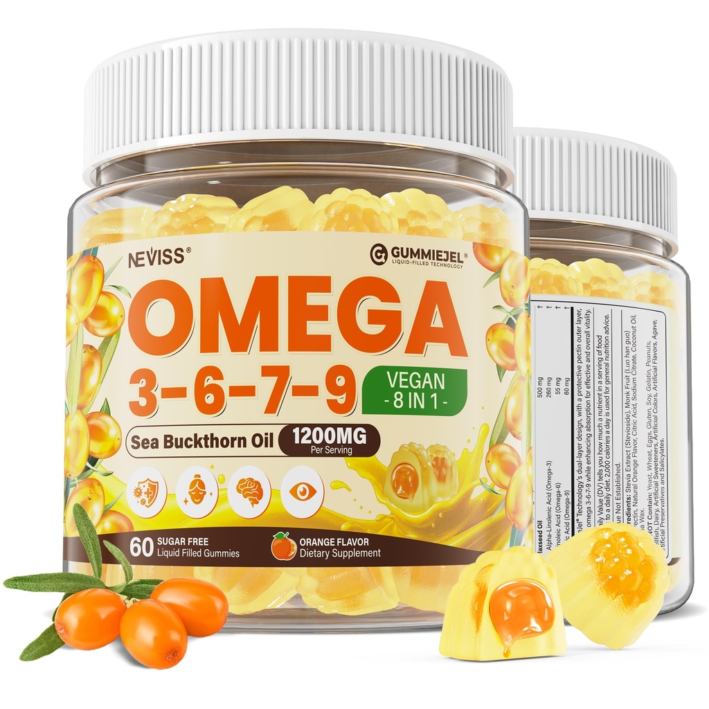 Omega 3-6-7-9 Gummie, Bio Sea Buckthorn Öl 1200MG & Flaxseed Oil 500MG, Vegan Omega 7 Supplement w/Vitamin A, C, E, Fettsäuren, kein Fisch Geschmack, unterstützt Haut, Auge, Immune, Gehirngesundheit, 60 Cts
