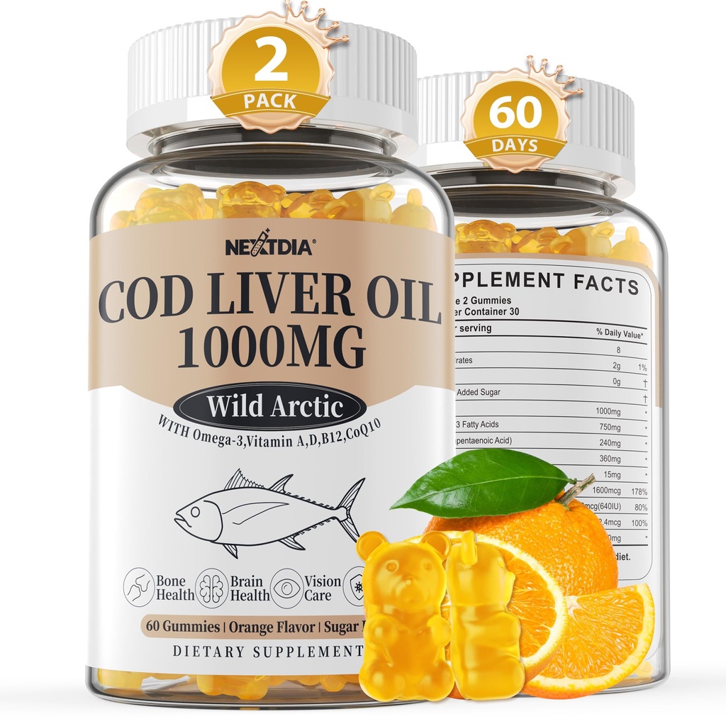 Cod Liver Oil 1000mg Gummi für Erwachsene & Kinder, mit Vitamin A & D3 - Omega 3 Fischöl-Ergänzung - DHA 360mg & EPA 240mg für Gehirn, Knochen, Augen & Immune Gesundheit, Zuckerfrei, 120 Zähler