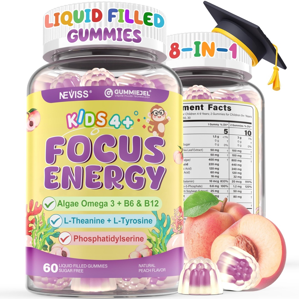 Kinder Fokus Gummie - Brain Ergänzungen mit Vegan Omega 3 DHA, Phosphatidylserine, L-Theanin, L-Tyrosin, methyliert B6 & B12 für Kinder & Teen Support Aufmerksamkeit, Gedächtnis, Nootropic, Sugar Free 60cts