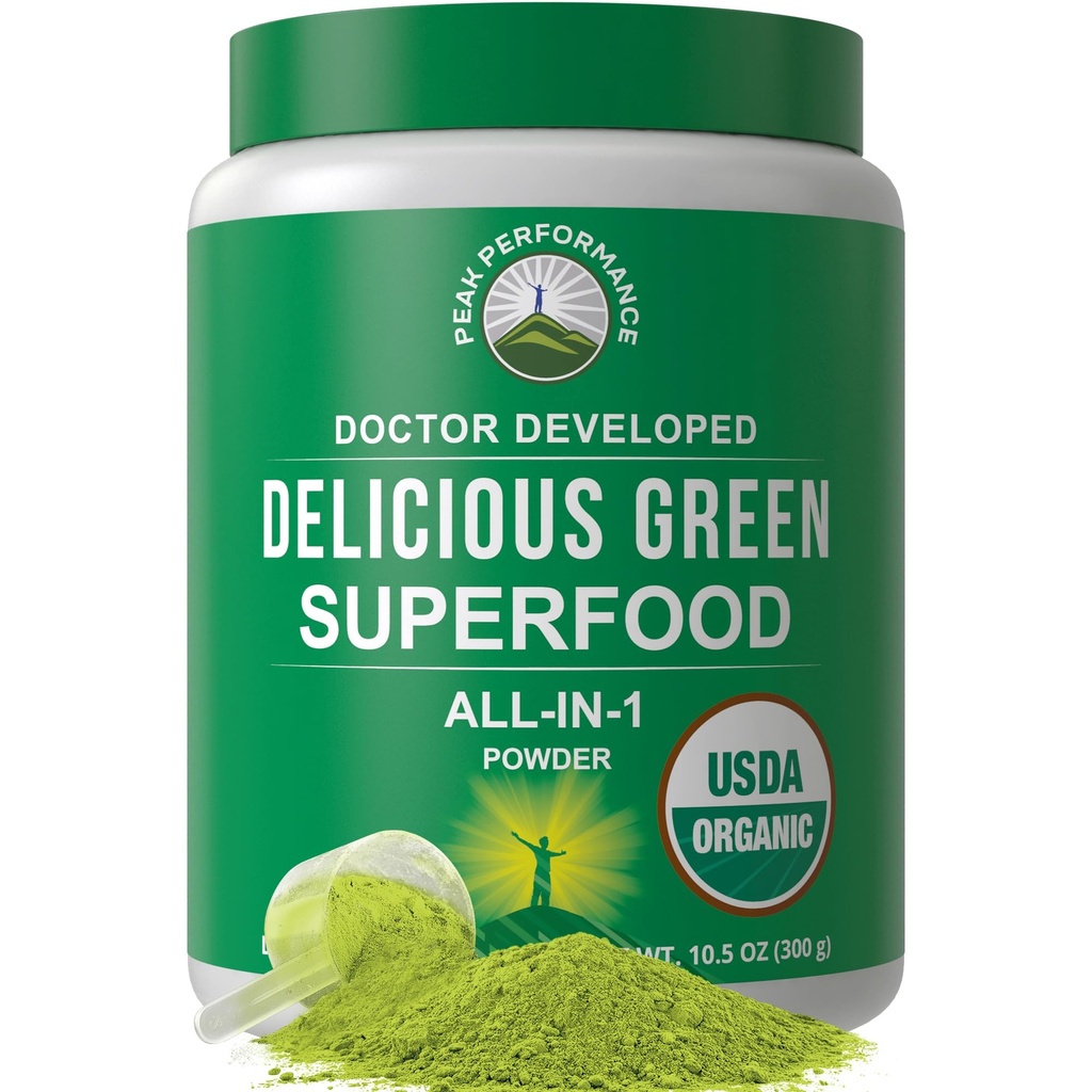 Peak Performance Bio Greens Superfood Pulver. Beste Verkostung Super Greens Pulver mit 25+ Bio Zutaten für Max Energy und sportliche Leistung. Vegan Keto Green Juice Daily Drink