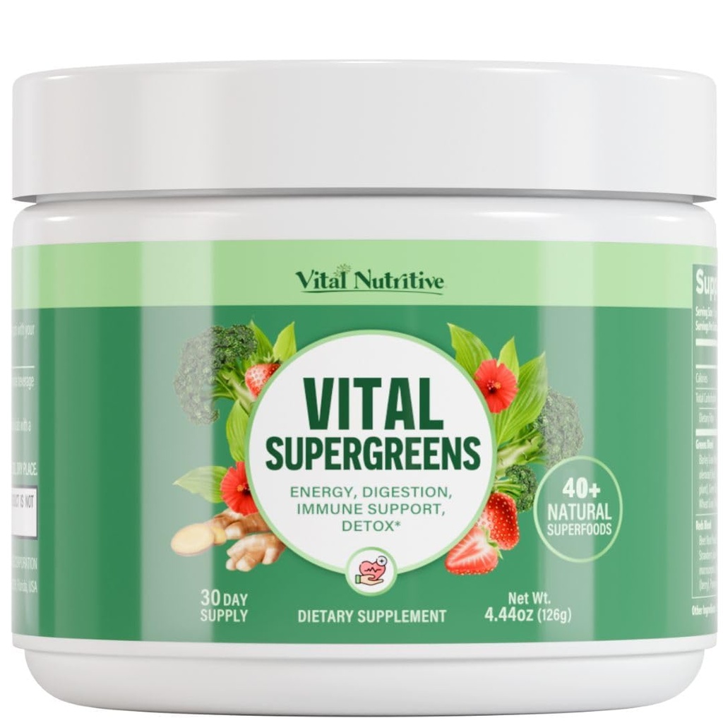 Vital Greens Superfood Powder – Neue Formel mit 40+ Superfoods Daily Green Drink Powder w/Probiotics – Supergreens for Energy, Gut Health, Digestion Support, Plant-Based, Vegan Superfoods