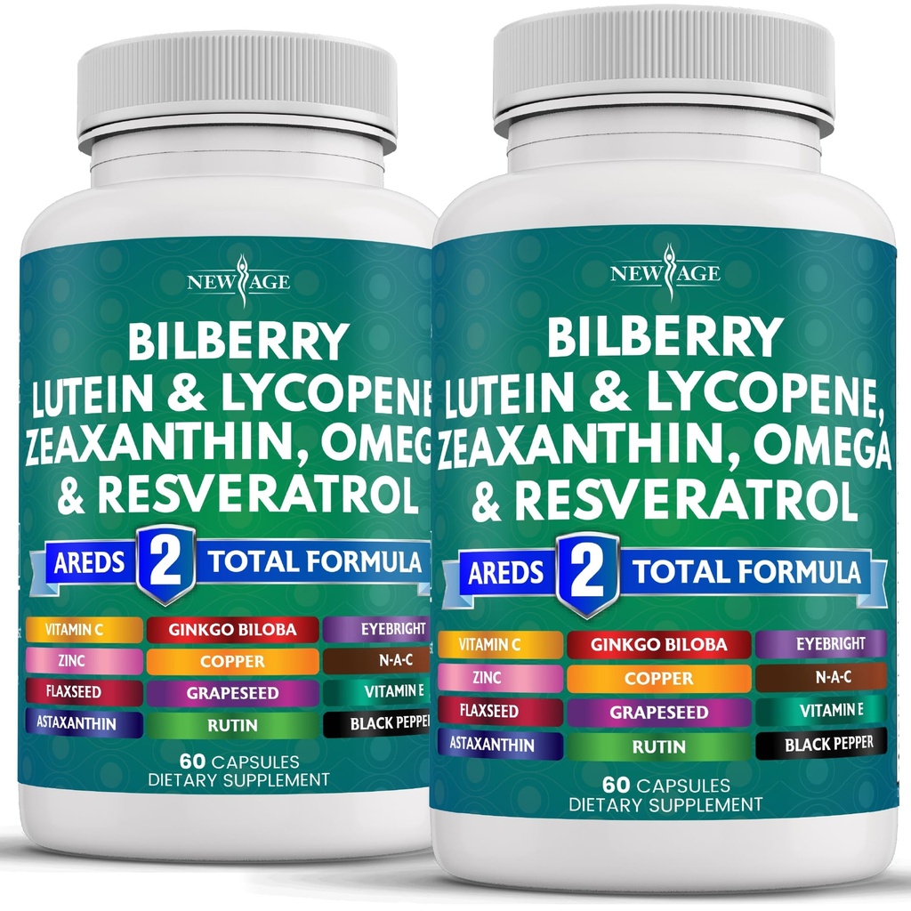 NEW AGE Eye Health Vitamins with Bilberry 300mg Lutein & Zeaxantin 40mg Lycopene 40mg Resveratrol 100mg Grape Seed Extract 200mg Astaxantin - Eye Vitamin -120 Count