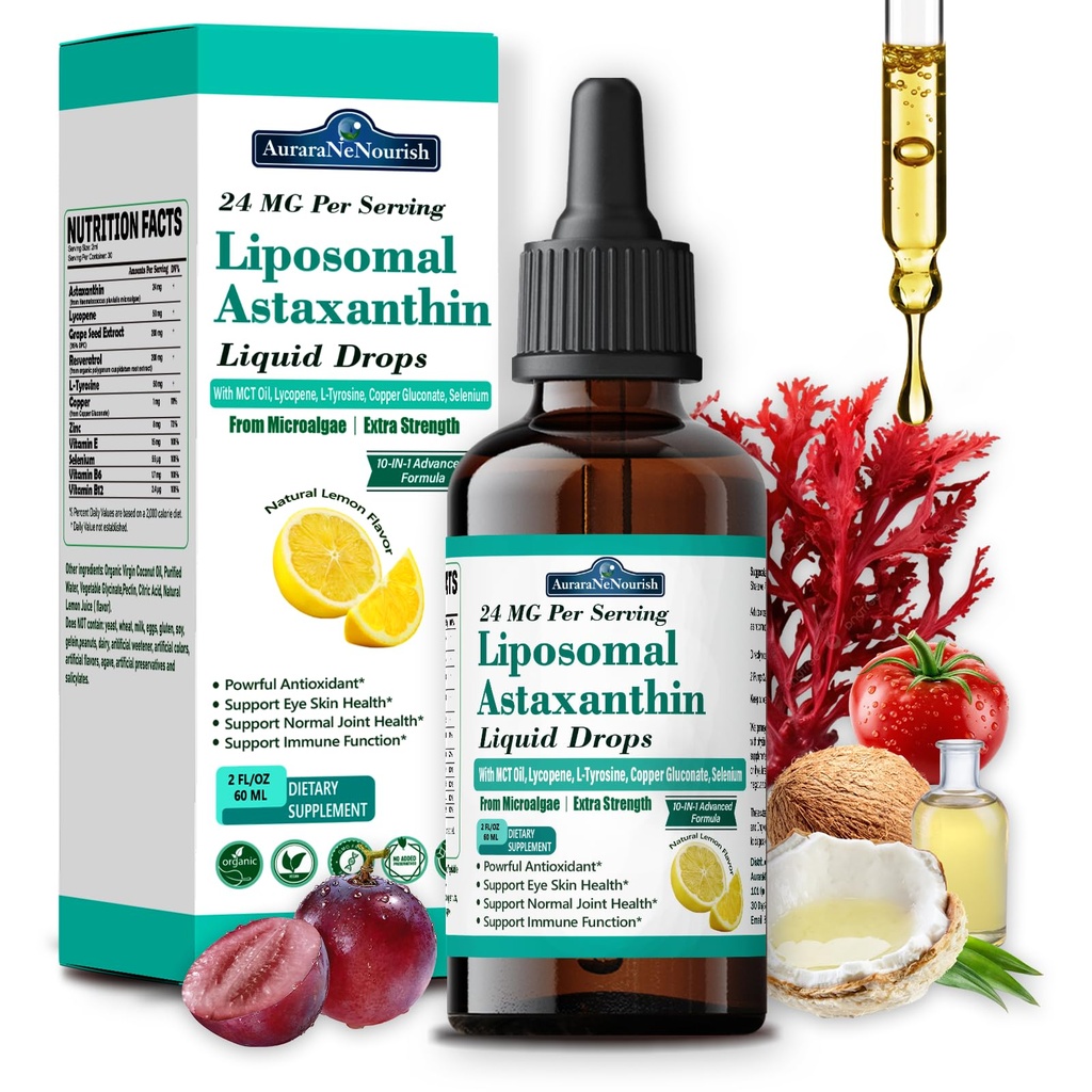 Liposomal Astaxanthin 24mg Flüssigkeitstropfen, 11-in-1 Antioxidans mit MCT-Öl, Lycopin & Bio Kokosöl, Frische Mikroalgenquelle, unterstützt Augenhaut Gelenkgesundheit für Frauen & Männer, Zitronenschlamm