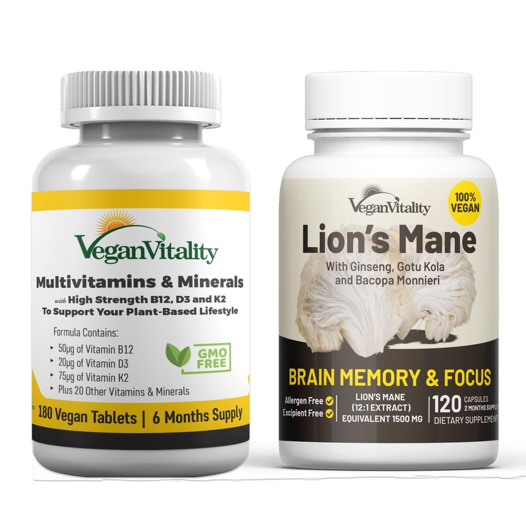 Vegan Vitality Brain Nutrition Bundle - Lions Mane Nootropic Kapseln und Vegan Multivitamine. Hohe Festigkeit pflanzenbasierte Ergänzungen für Gedächtnis und Fokus und Gesamtgesundheit für Vegane und Vegetarier