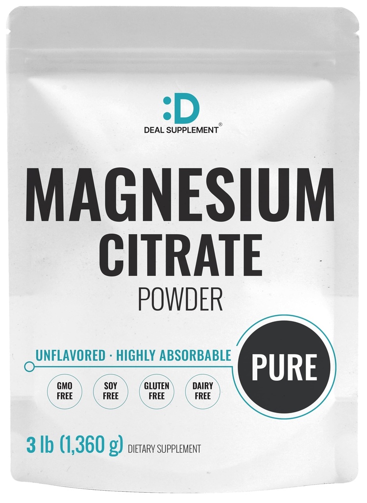 DEAL SUPPLEMENT Magnesium Citrate Powder 500mg, 3lbs – Unflavored, Easily Absorbed – Purified Trace Mineral for Muscle, Heart, & Digestive Support – One a Day, Non-GMO, Filler Free