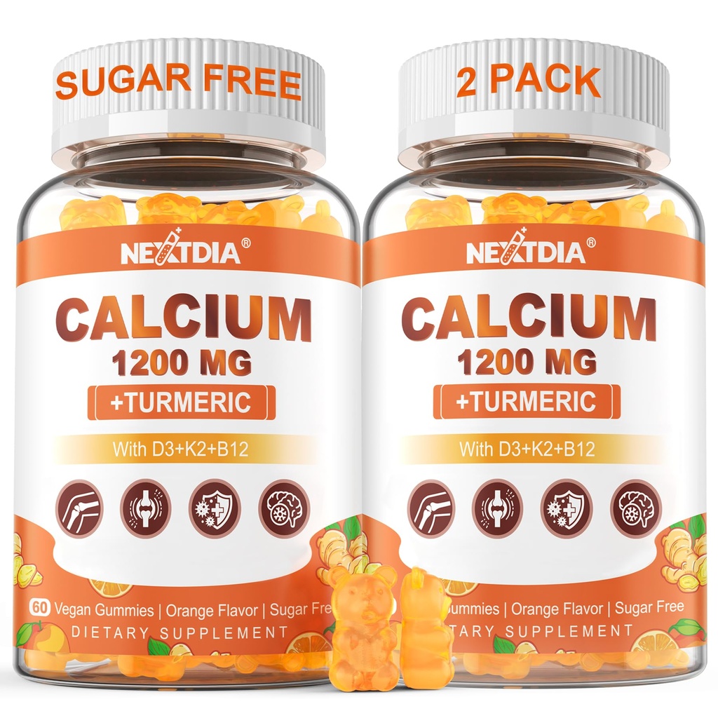 Kalcium 1200 mg D3-vitamin Gummies - kalcium + kurkuma kiegészítés nők és férfiak számára K2-B12-vitamin - Support Bone & Muscle - Sugar Free - Vegan (120 gróf)