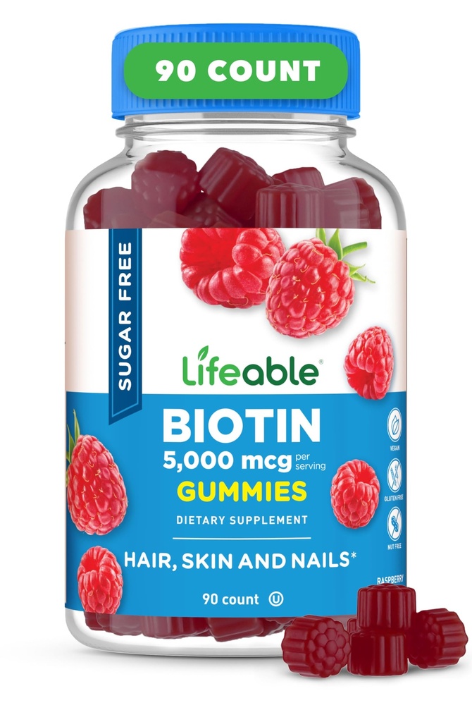 Lebensfähige Zucker freie Biotin Gummie | 5000mcg Vitamin B7 | Great Tasting Biotin Supplement | für Haarwachstum, Haut und Nagel Gesundheit | Haarergänzung für Frauen, Männer, Erwachsene | 90 Gummie